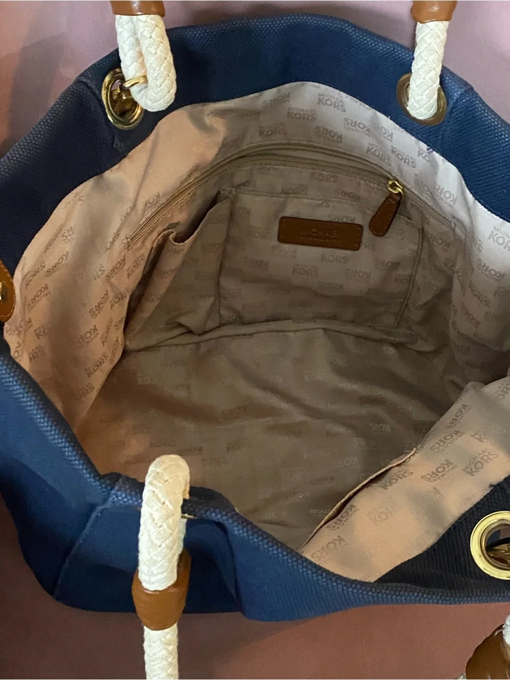 Michael Kors Navy Canvas Tote with Cream Rope Handles and Gold Hardware